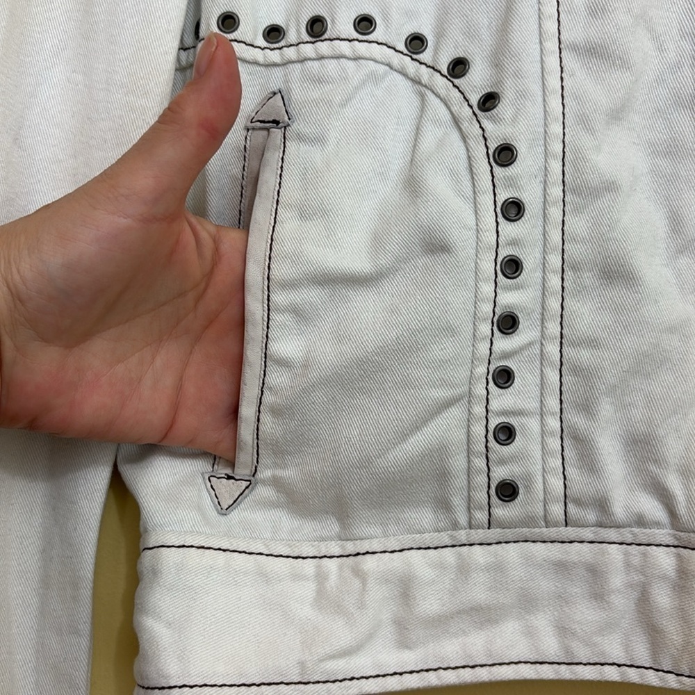 Jakket NY | Cream White Leather & Twill Riveted Studded Zip Pocket Moto Jacket S - Picture 12 of 16
